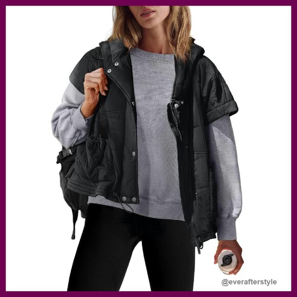 Jackets & Blazers - Cropped Puffer Vest Quilted Jacket Oversized Poncho Stand Collar Full Zip